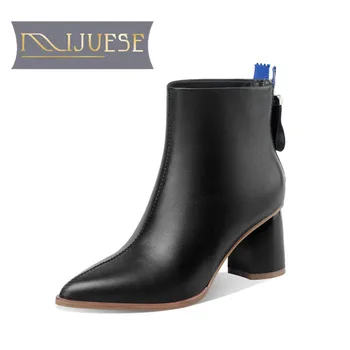 

MLJUESE 2021 women Ankle boots Cow leather Winter short plush Pointed Toe Zipper High heels female boots size 39