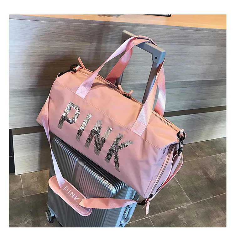 Новейший дизайн, розовая спортивная сумка с блестками и буквами для спортзала и фитнеса, сумка через плечо, женская и мужская сумка-тоут, сумка для путешествий