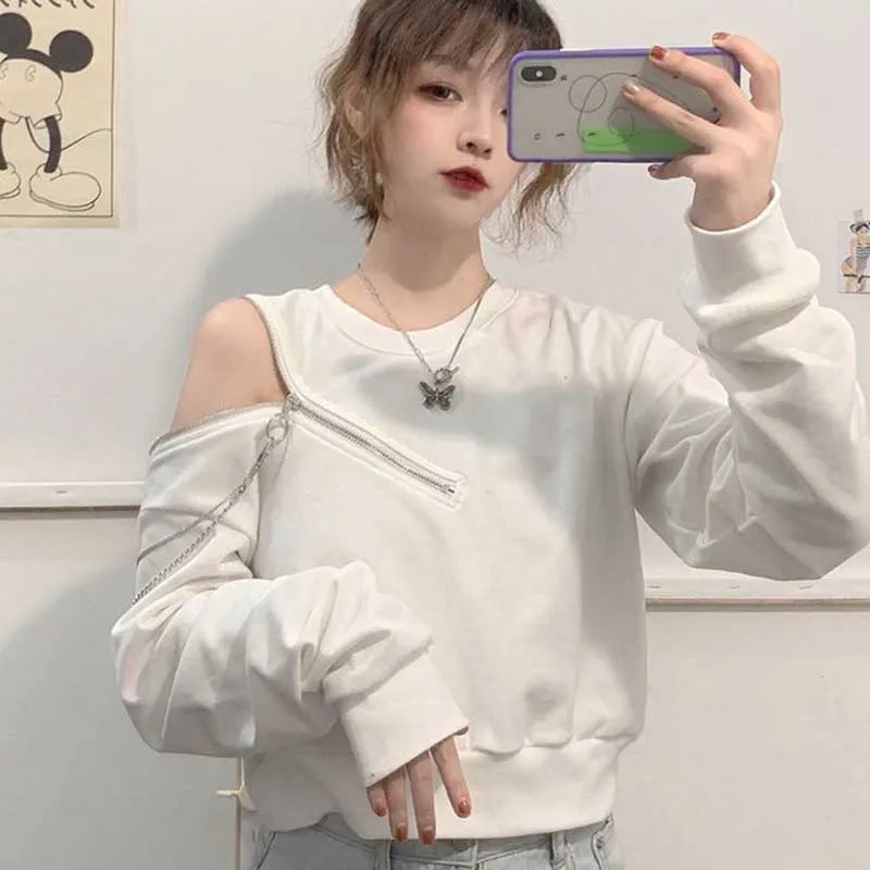 

Short off-the-shoulder short-sleeved female Korean version of loose design zipper fried street long-sleeved top ins autumn 2020