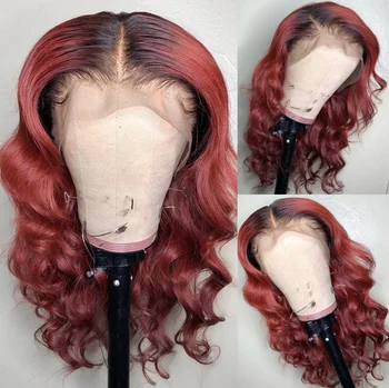 

Ombre Red 370 Lace Frontal Human Hair Wig Burgundy Wine Red Two Tone Remy Hair Body Wave Wigs with Baby Hair For Women
