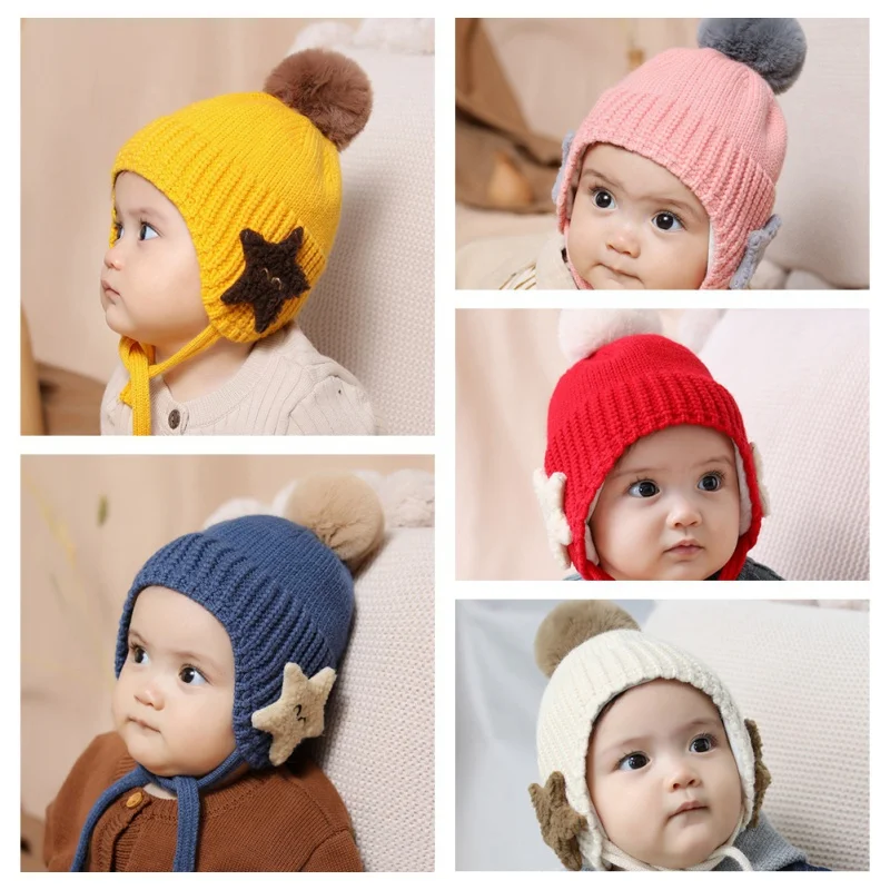 Детская зимняя шапка, новая модная шапка для маленьких девочек и мальчиков с принтом звезды, зимняя теплая вязаная шапочка, теплая детская шапка