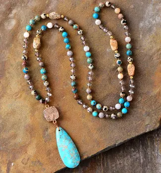 Long Necklace Natural Stones Crystals Druzy Teardrop Pendant Necklace Women Necklace Chain Bead Yoga Necklace Dropshipping