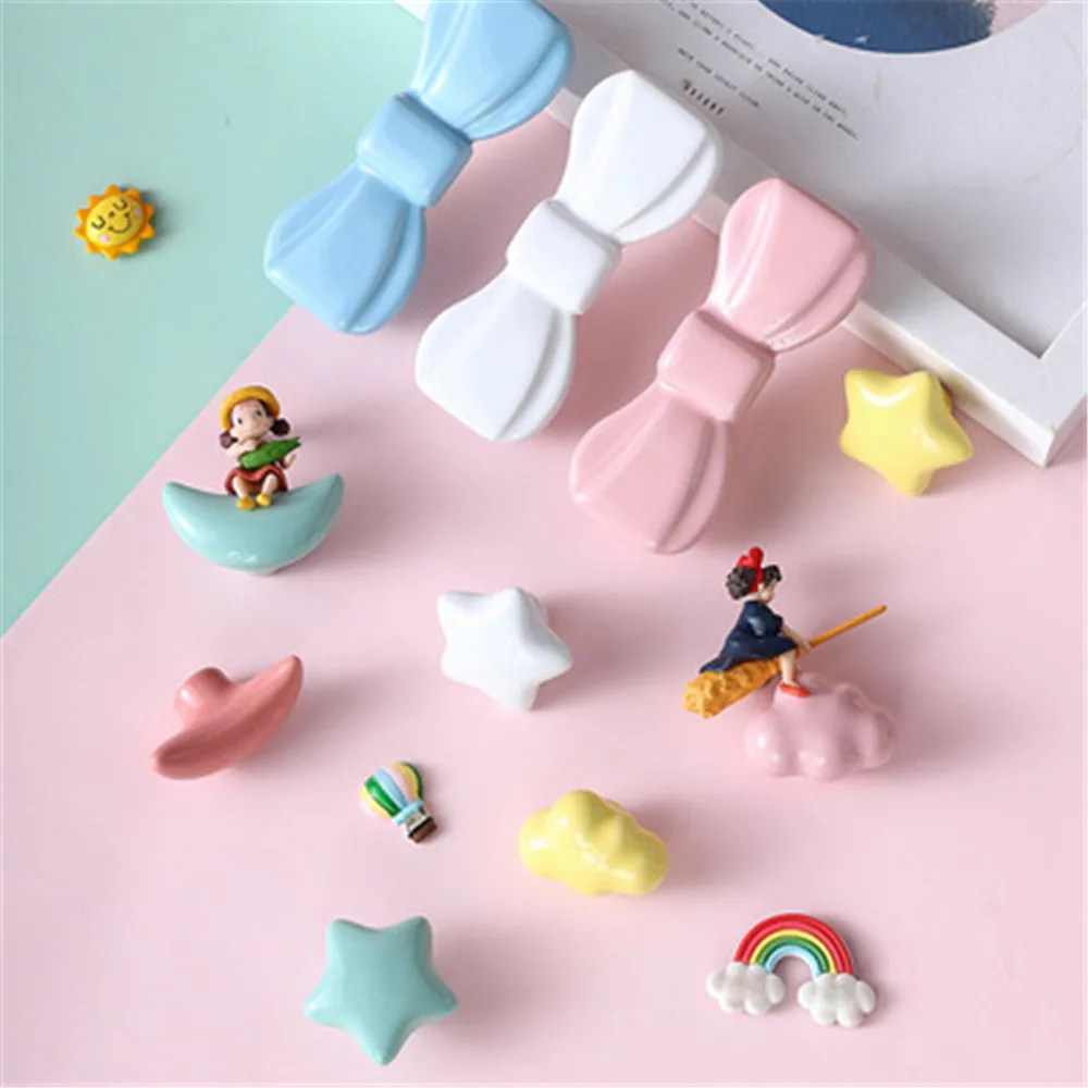 

Pink Bowknot Children's Cabinet Knobs Cartoon Ceramics Wardrobe Handles White Blue Yellow Desk Drawer Pulls Furniture Hardware