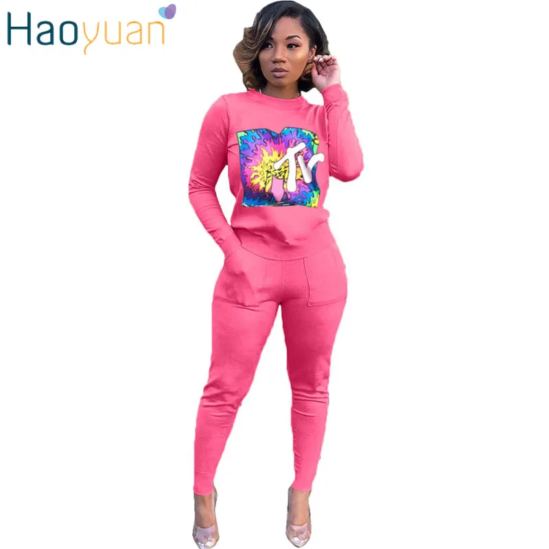 

HAOYUAN Pattern Print Two Piece Set Long Sleeve Tops and Pocket Pants Matching Sets Fall Casual Sports 2 Piece Outfits for Women