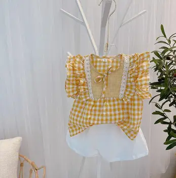 

2020 Korea style girls 2 pcs set ruffles shirt+shorts fashion summer girls suit 1-6 years HV772