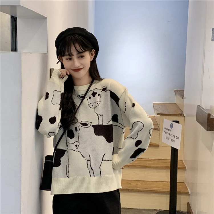 winter treasure farm cow sweater round neck autumn and winter new loose lazy knitted top