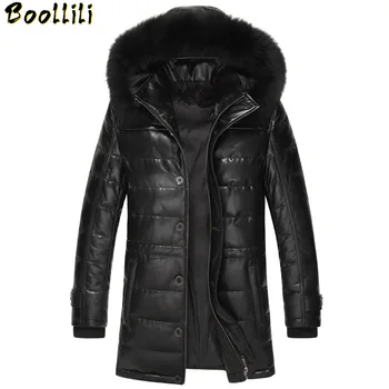 

Boollili Men's Sheepskin Coat Genuine Leather Winter Duck Down Jacket Men Fox Fur Collar Hooded Long Coat Men Jacket