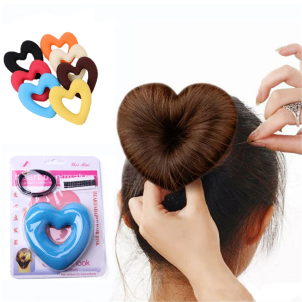 1 Set Fashion Heart Shape Hair Styling Tool Hair Bands for Women Girls Sponge Bract Head Meatball Ring Donut Hair Accessories