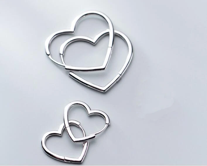 Real-925-Sterling-Silver-Glossy-Love-heart-shape-Earrings-Huggie-hoop-jewelry-GTLE2830