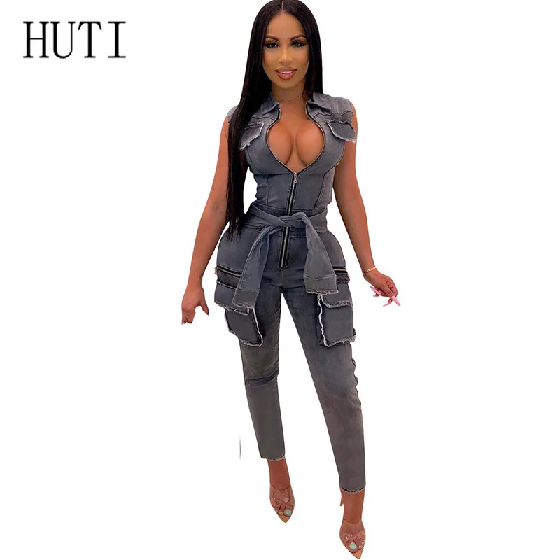 

HUTI Fake Sleeve with Fashion Pocket Zipper Sexy Denim Jumpsuits Women Lace-up Rompers Hollow Out Summer Jeans Long Overalls