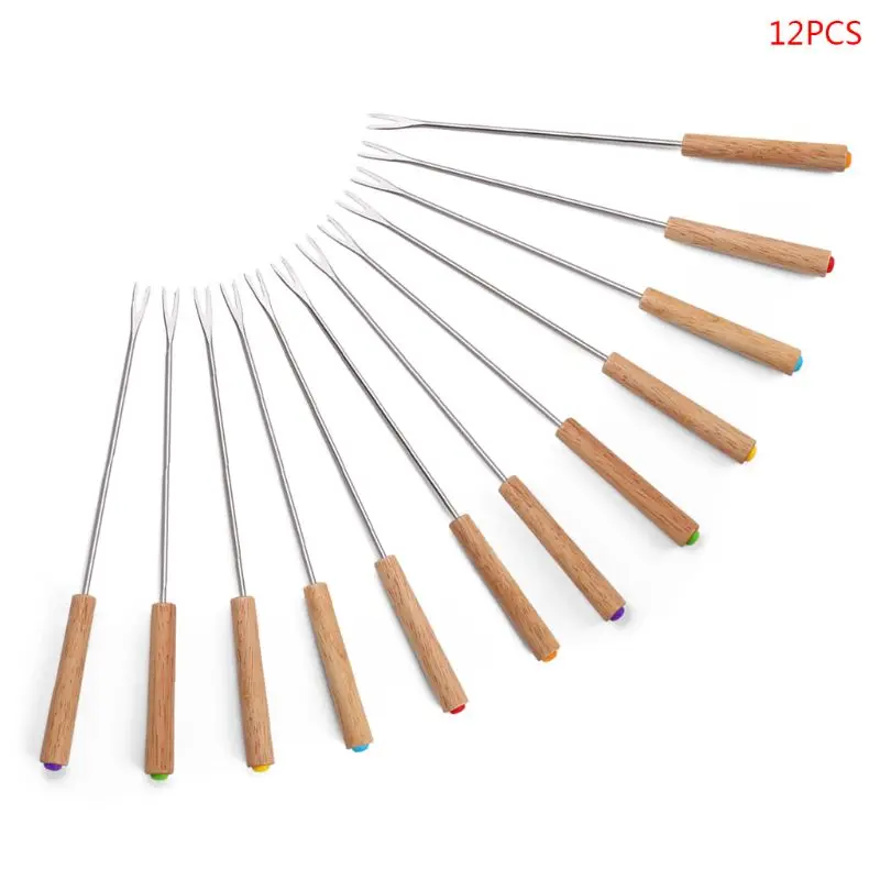 Wood Handle 12 шт./компл. вилки для барбекю Струны для жарки барбекю палочки с деревянной/пластиковой ручкой Зефир иглы для горячей собаки открытый инструмент для кемпинга - Цвет: Wood Handle