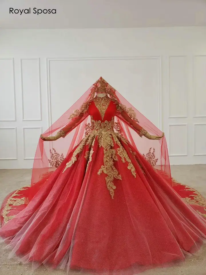 red and golden colour gown