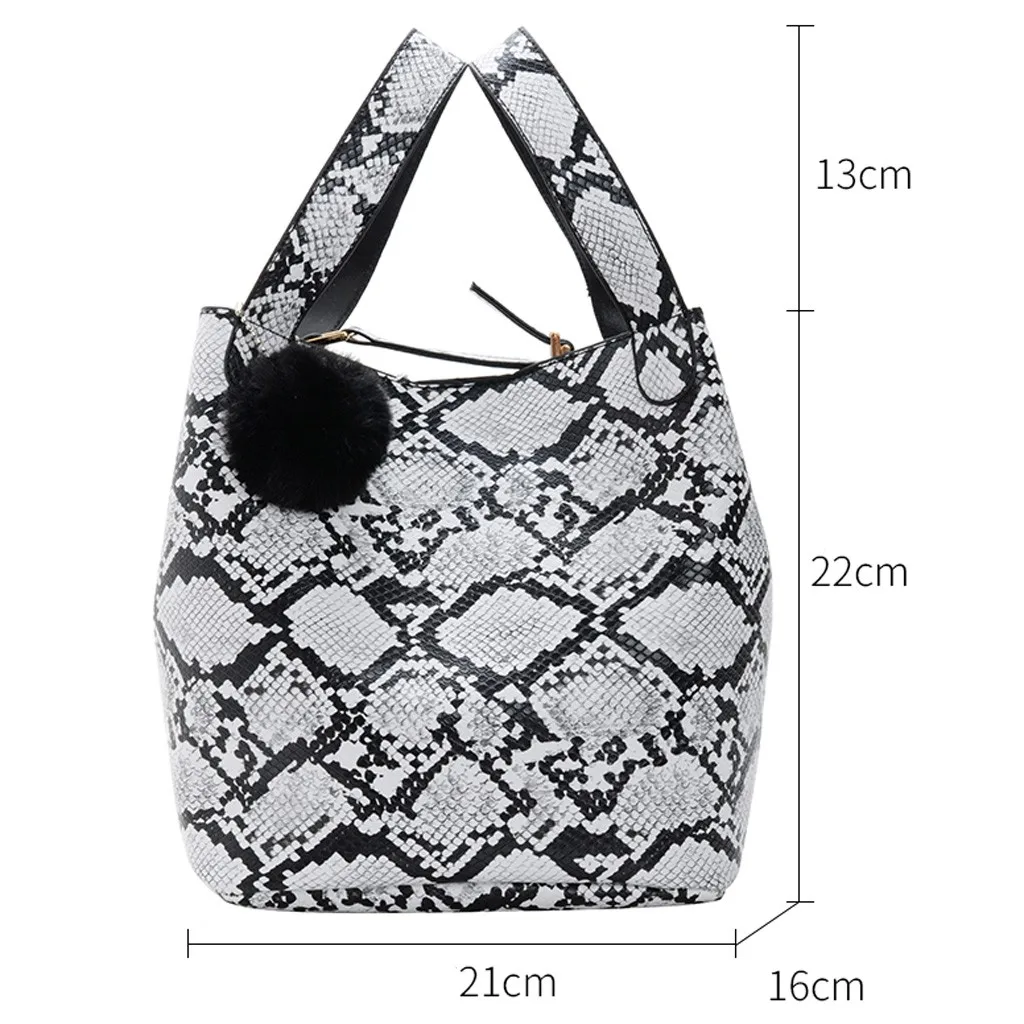 Сумка-тоут, модная женская сумка на застежке с змеиным принтом, хозяйственная сумка с помпонами, сумка для телефона, сумка через плечо