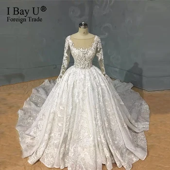 شراءفستان زفاف عمل حقيقي 2020 فاخر مطرز بالكامل فساتين زفاف بأكمام طويلة فستان زفاف جديد Novias