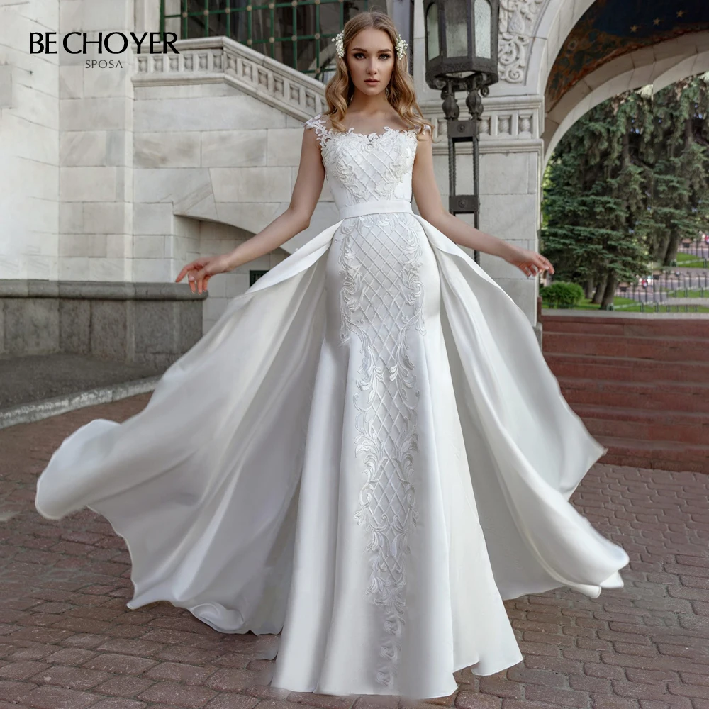 BECHOYER Vestido de Noiva Милая Аппликация Русалка свадебное платье с расширенным съемным