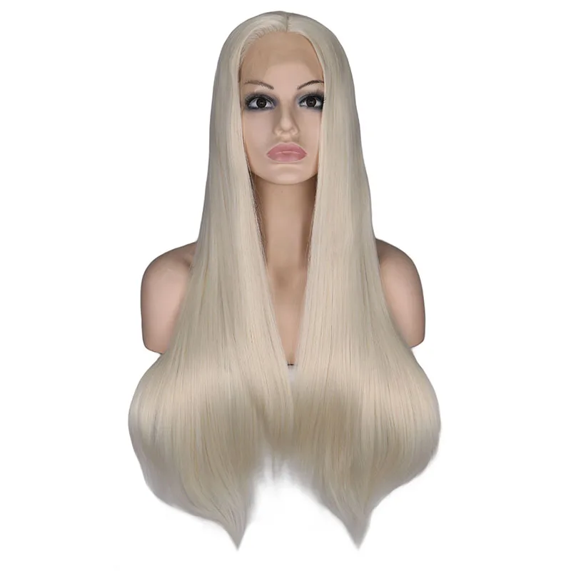 Причудливый W натуральный прямой белый платиновый блонд синтетический парик на кружеве длинные шелковистые парики для белых женщин волосы, связанные вручную