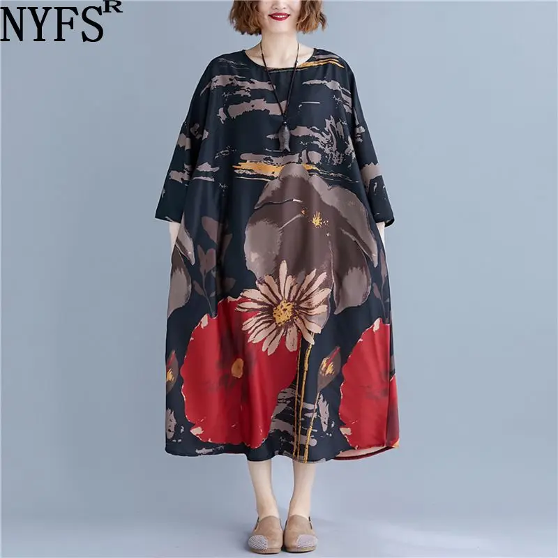 NYFS Новое Осеннее женское платье свободное винтажное длинное платье с принтом vestidos robe пеньковые платья