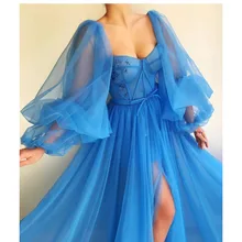 

Light Blue and Pink Evening Dresses Spaghetti Strap Handmade Flowers A-Line Arabic Prom Gown Beaded Party Dress for Graduation