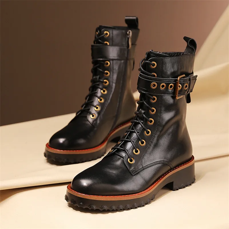 Meotina/осенние мотоциклетные ботинки женские ботильоны из натуральной кожи на молнии и толстом каблуке обувь с пряжкой и круглым носком женская зимняя обувь 4-10