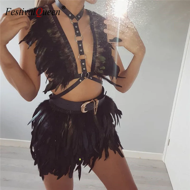 Gothic Faux Feather Two Piece Set Women Sexy Cardigan Crop Top Feathers