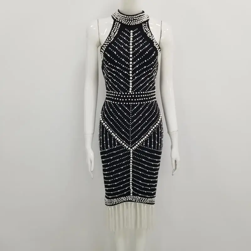 Новое женское платье, без рукавов, черное, белое, с бисером, с открытой спиной, сексуальное, с кисточками, знаменитостей, коктейльное, вечерние, Бандажное платье