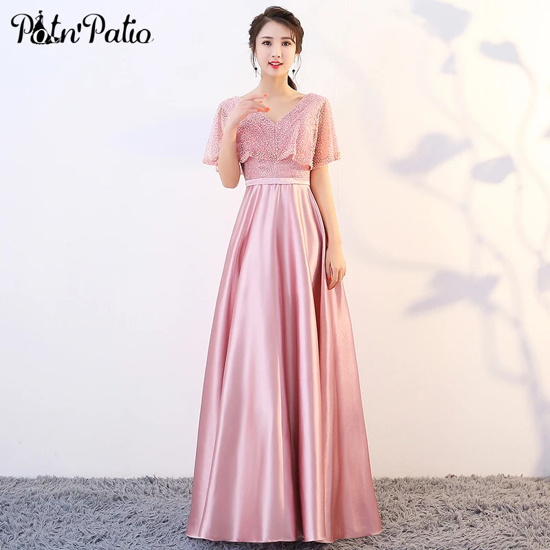 Элегантное розовое длинное вечернее платье с курткой, бисером, кружевом, женские Формальные платья, напольный, Свадебный атласный вечерний