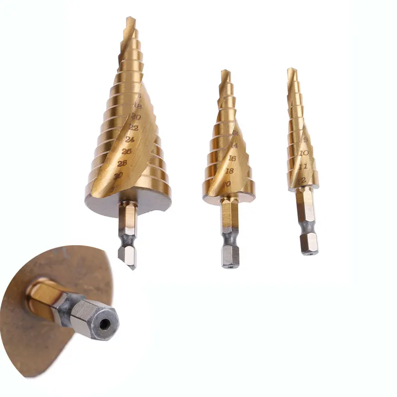 3PCS High-speed Steel Spiral Groove Step Drill Bit Triangle Shank Metal Hole Cutter Cone Saw Stepped Drills