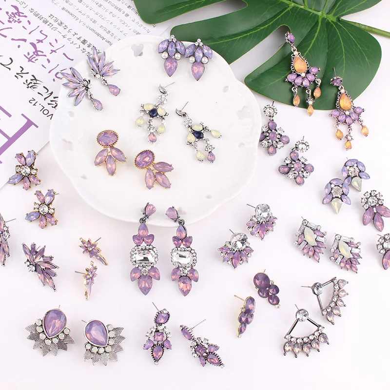 

25 models purple crystal stud earrings with zinc alloy for women crystal earrings flower crystal earring party jewelry wholesale