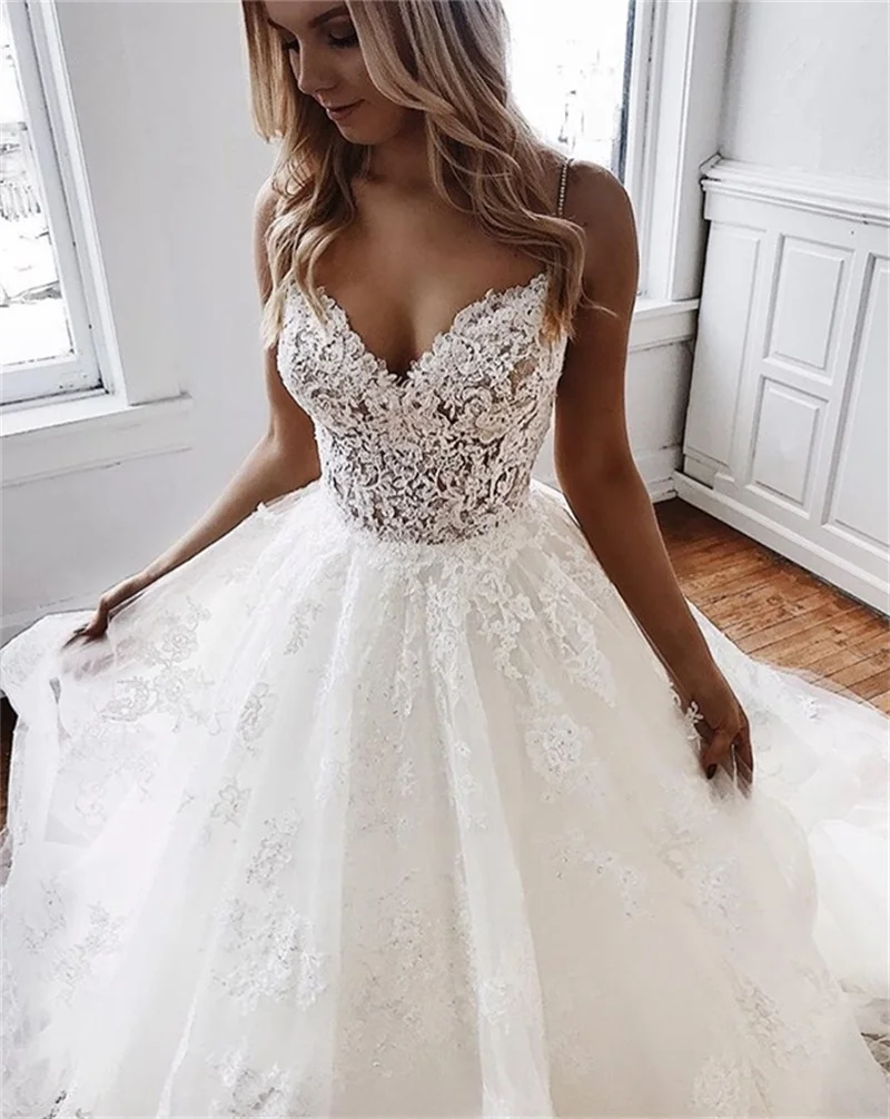 

2020 A-line Wedding Dresses Sweetheart Appliques Lace Spaghetti Straps Vestido De Novia Custom Made White Ivory Bridal Gowns