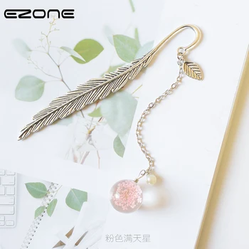 

EZONE 1PC Chinese Style Crystal Pendant Bookmark Metal Leaves Bookmark Dried Flower Pendant Bookmark Students Stationery
