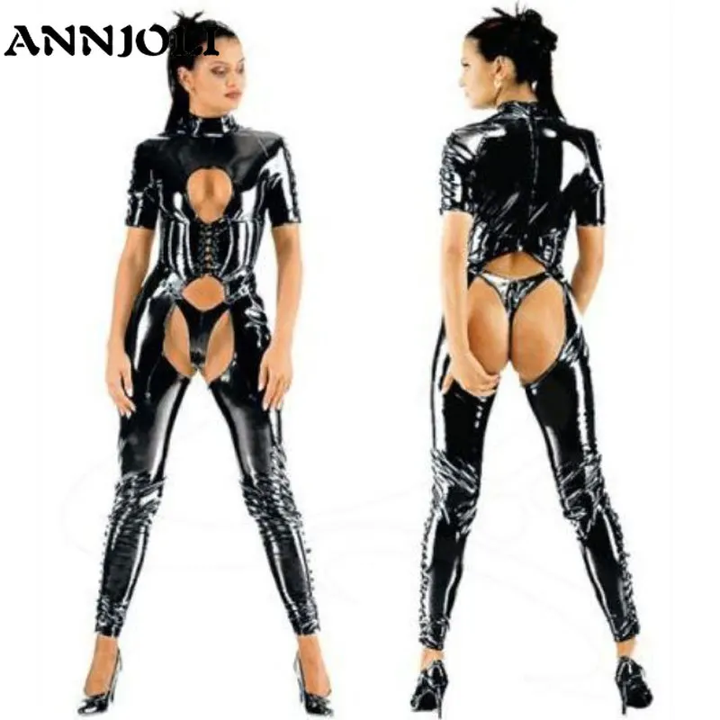 ANNJOLI Open Crotch Catsuit Faux Latex Jumpsuit Back Short Sleeves Zipper Wetlook Leather Overalls Hollow Out Bodysuits Costume |