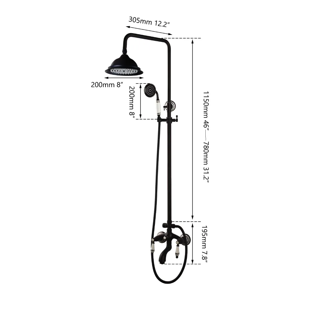 Description Picture 3 of itemYANKSMART Vintage Bathroom Black Wall Mounted 8 Inch Shower Set 3-functions Mixer Valve Faucet Set Rainfall Shower Mixer Tap Kit