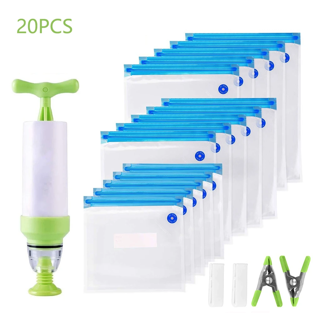 

20Pcs Vacuum Bag Kits Reusable Food Storage Vacuum Compression Bag with Hand Pump Bag Sealing Clips Food Wrap Seal Bag Organizer