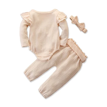 

New Cute Baby Romper Girl Autumn Baby Girl Long Flare Sleeve Romper Tops Trousers With Sashes Headband Outfits Clothes N