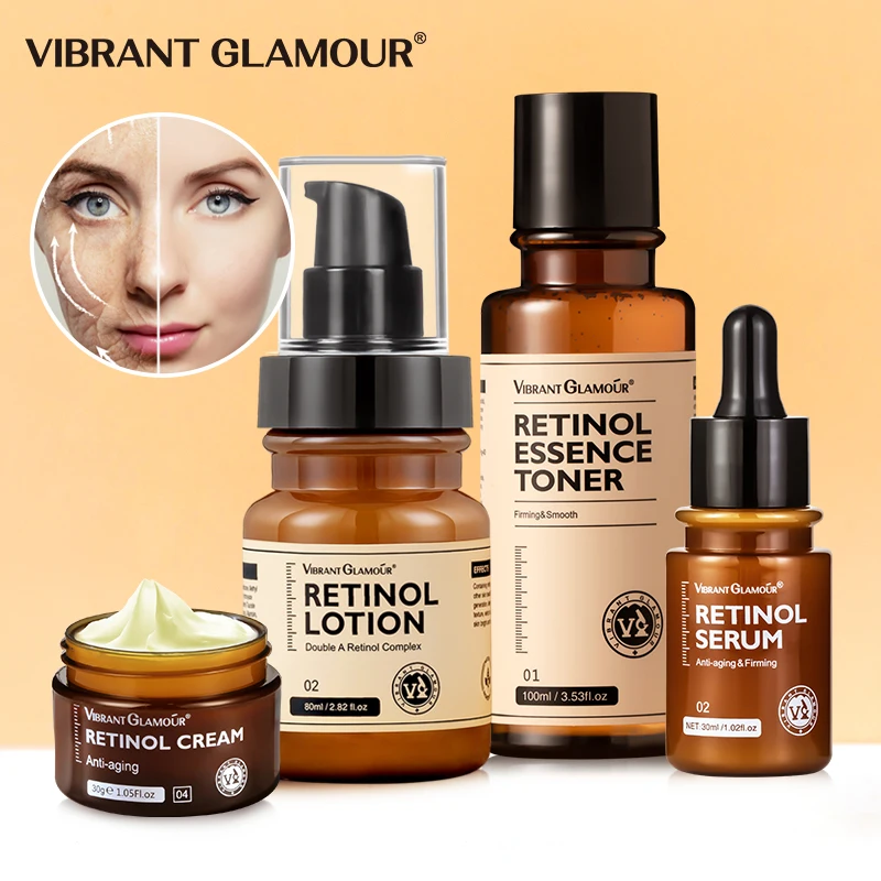VIBRANT GLAMOUR Retinol Face Eye Cream Serum 4PCS/Set Firming Lifting Anti-Aging Reduce Wrinkle Fine Lines Facial Skin Care Suit face cream skin care set