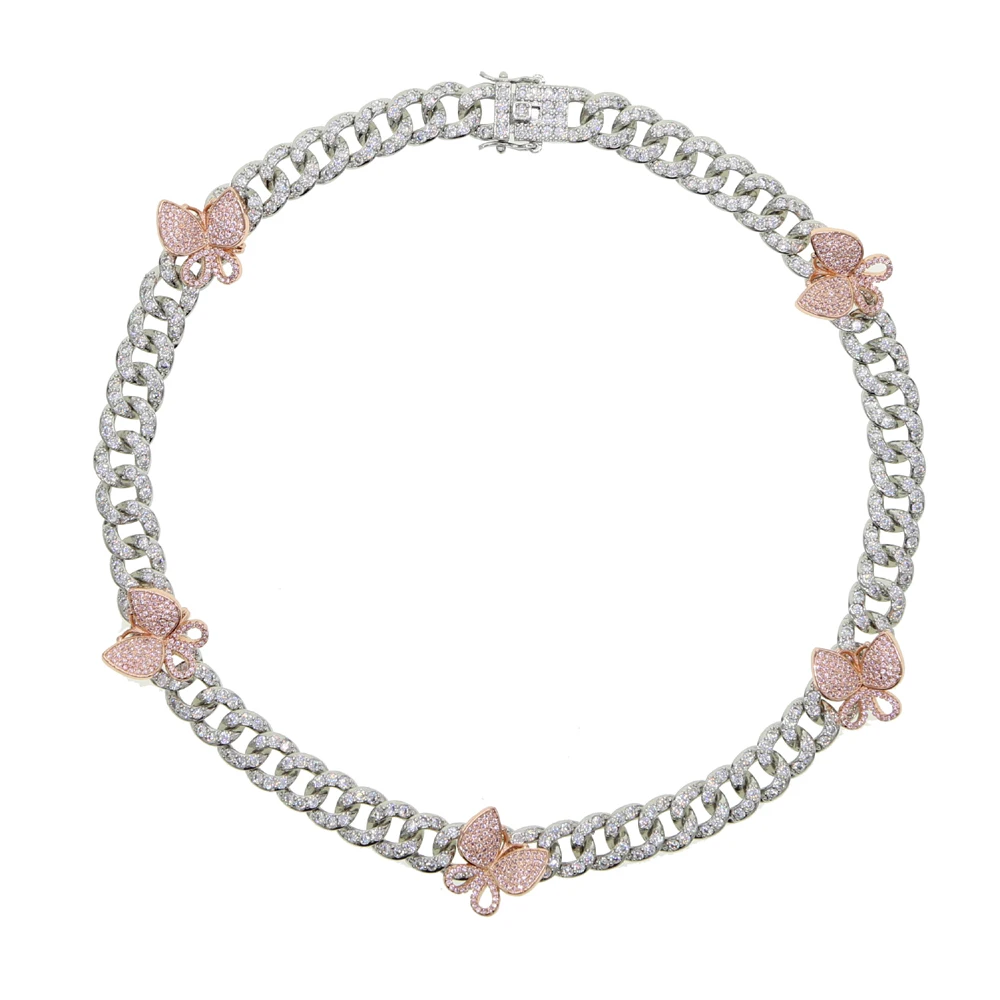10mm Cuban Pink Butterfly Necklace Rose Gold Chain CZ Luxury Bling Hip Hop Jewelry For Men Women Gift | Украшения и аксессуары