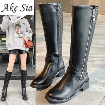 

2020 autumn winter new side zipper long boots leather net red with paragraph thick with leather boots long tube women's boots