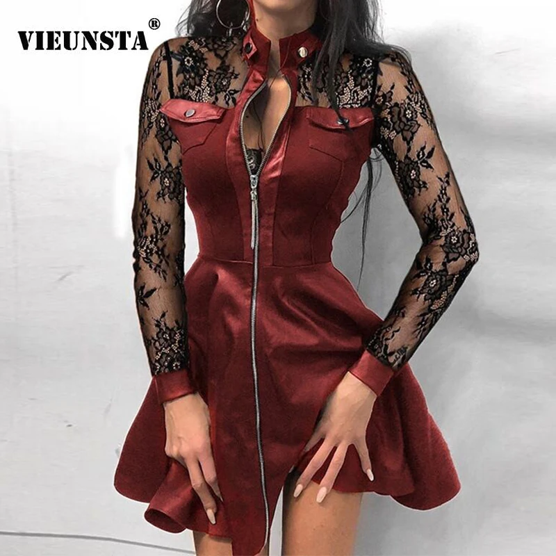 Autumn Zipper Pockets PU Leather Dress Women Sexy Lace Mesh Sleeve Patchwork Party Elegant Stand Neck Button Mini Dresses | Женская