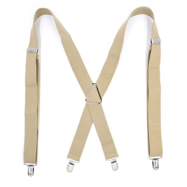 Solid Color Suspenders Braces with Clips for Women Men Adult X Back Adjustable Elastic Large Size Tirante Trousers Strap Bretele Beige