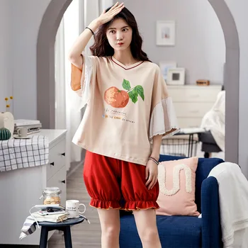 

Cartoon Print Women Summer Sleepwear Set Short Sleeve Shorts Leisure Wear Round Neck Homewear Cotton Casual Loose Pajamas S104