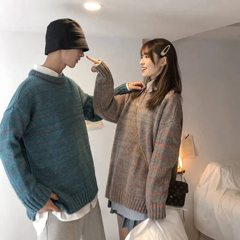 Winter Thick Sweater Men Warm Contrast Color Casual Knit Pullover Men Sweter Clothes Loose Long Sleeve Striped Sweater Man