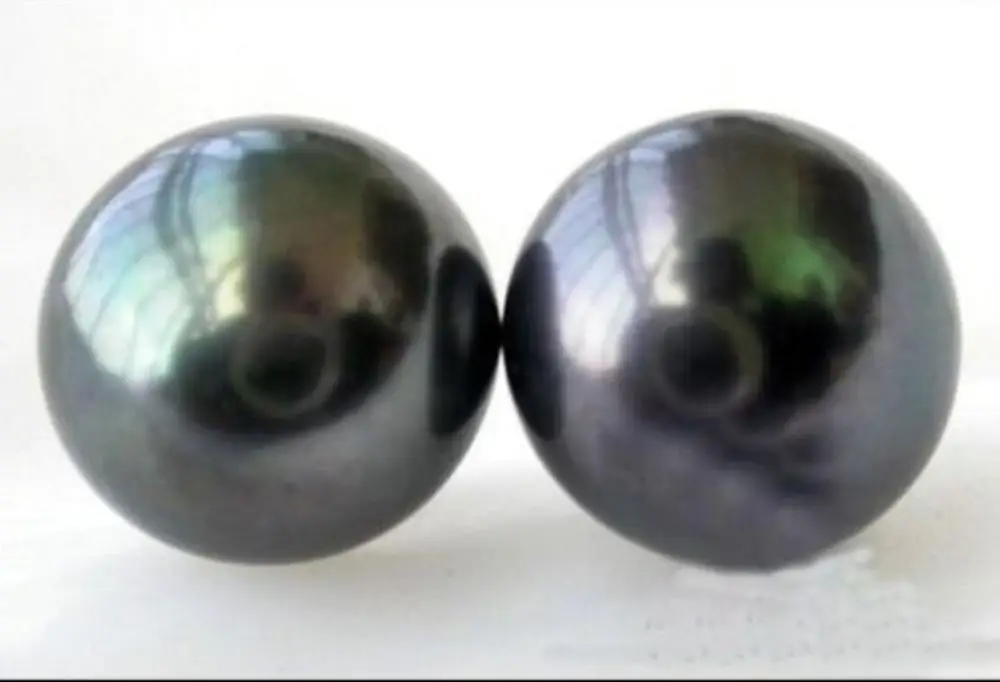 

free shipping natural Perfect 11-12mm black South Sea Pearl 14k/20 yellow Gold Earring