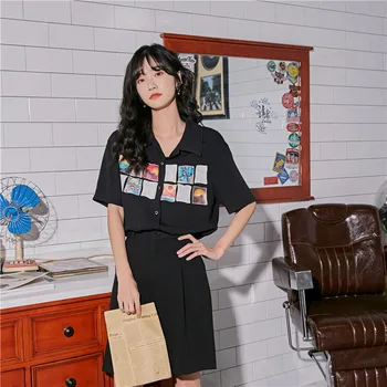 

Summer New Women's Hong Kong-Style Personality Embroidery Printed Top Short-Sleeve Loose-Fit Shirt-