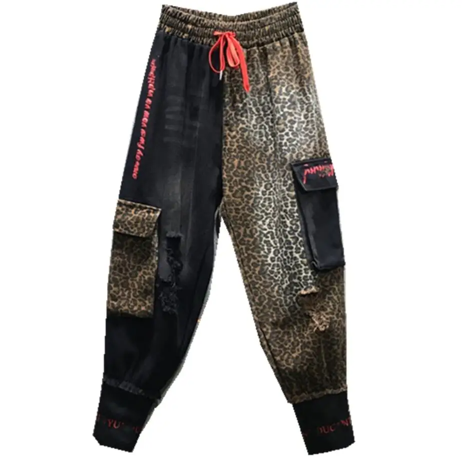 Новинка; сезон осень-зима; женские джинсовые шаровары с леопардовым узором и большими карманами с эластичной резинкой на талии