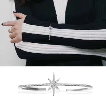 

Trendy AAA Zircon 925 Sterling Silver Eight Pointed Star Cuff Hand Bangle Sweet Monaco Cuff Bangle Women Wedding Jewelry