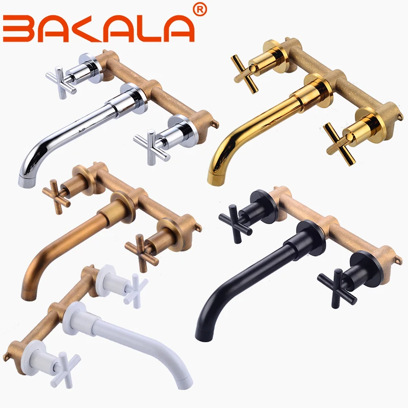 Antique Black Brass Double Handle Wall Mounted Bathroom Sink Mixer Hot & Cold Basin chromeTap White/Polished Gold Faucet