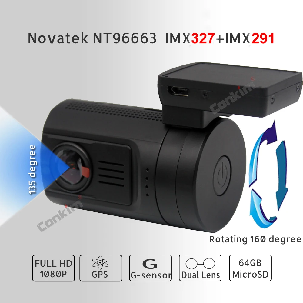 Видеорегистратор Conkim с 2 камерами Novatek 96663 Mini 0906 PRO 1080P Full HD камера заднего вида GPS