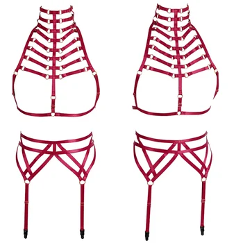 

Feather Epaulettes Shoulder Wings Wine Red Body Harness Sexy Lingerie Strappy Tops Garter Belt Gothic Festival Rave Clothing