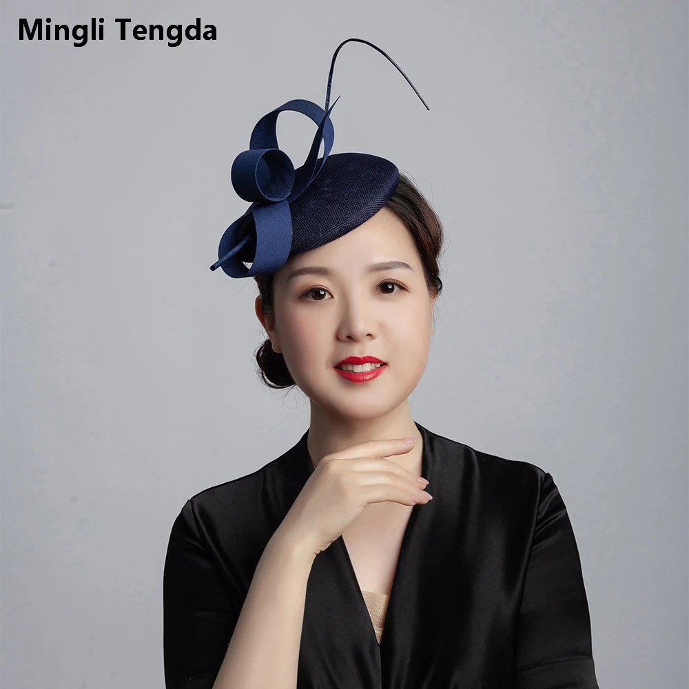 Mingli Tengda Bride Hemp Blue Green Yarn Hat Feather Wedding Accessories Elegant Lady Hat Headdress Headwear Teal Tiara Birdcage