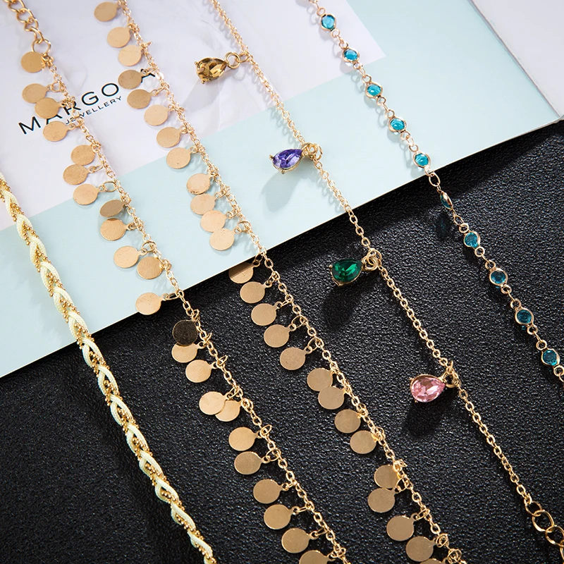 Tocona Boho 5pcs/sets Colorful Crystal Stone Anklets for Women Gold Wafer Tassel Rope Feet Bracelets Summer Jewelry 8407 - Image 6